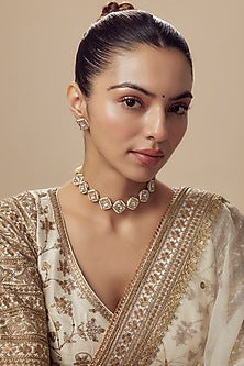Gold Finish Kundan Polki & Red Stone Choker Necklace Set