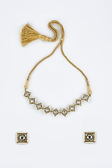 Gold Finish Kundan Polki & Red Stone Choker Necklace Set