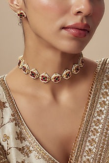 Gold Finish Kundan Polki & Red Stone Choker Necklace Set
