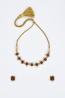 Gold Finish Kundan Polki & Red Stone Choker Necklace Set