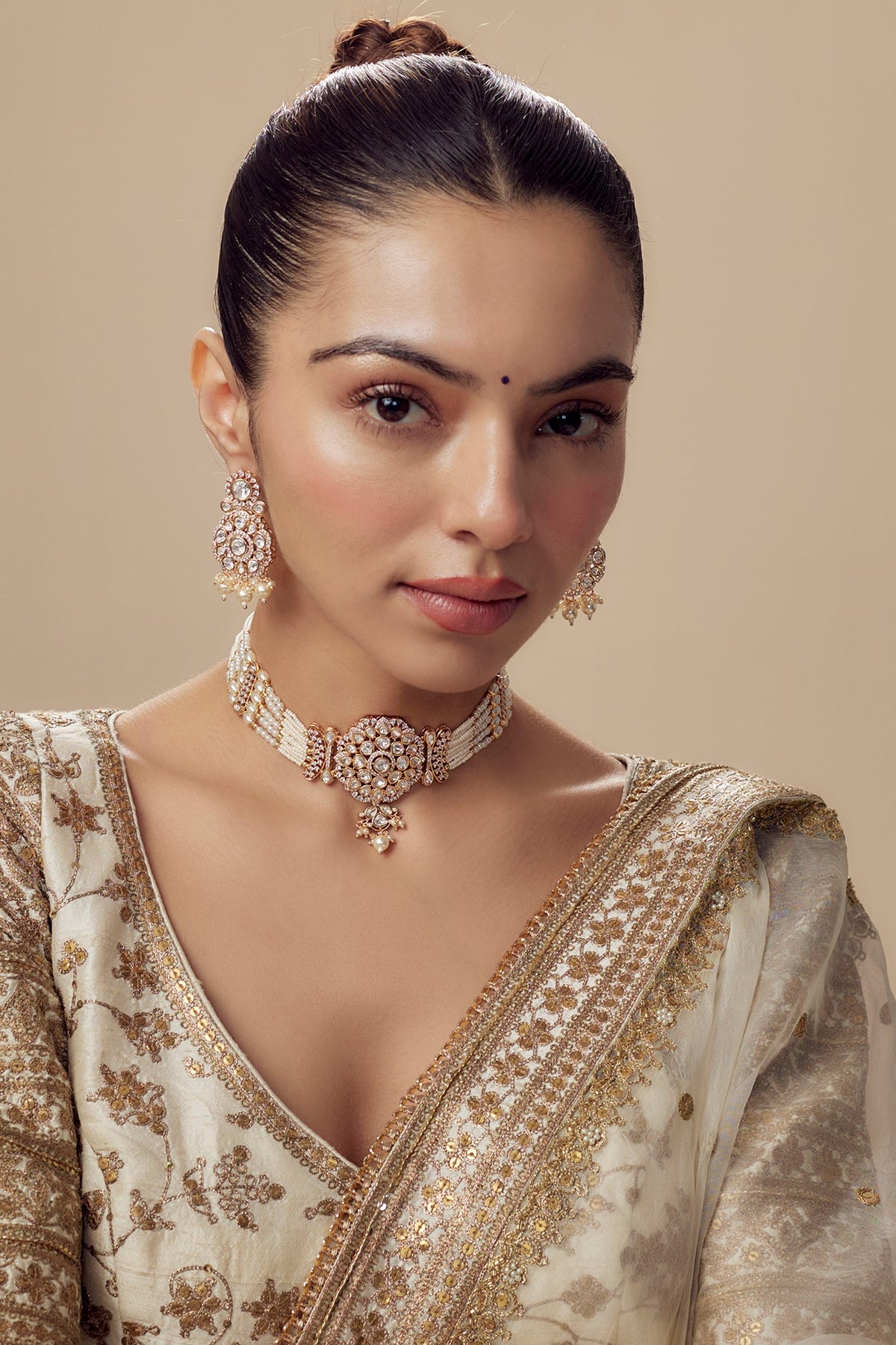 Gold Finish Kundan Polki Choker Necklace Set