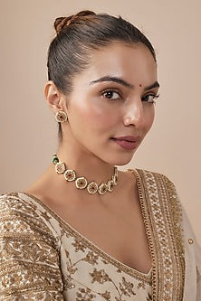 Gold Finish Kundan Polki & Green Stone Choker Necklace Set