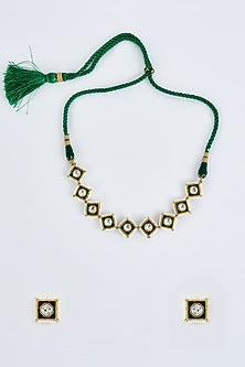 Gold Finish Kundan Polki & Green Stone Choker Necklace Set