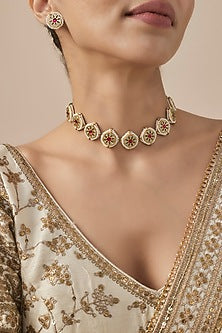Gold Finish Kundan Polki & Green Stone Choker Necklace Set