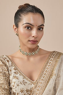 Gold Finish Kundan Polki & Green Stone Choker Necklace Set