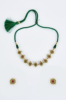 Gold Finish Kundan Polki & Green Stone Choker Necklace Set