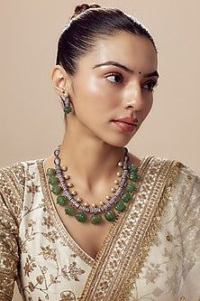 Gold Finish Zircon & Green Sapphire Synthetic Stone Necklace Set