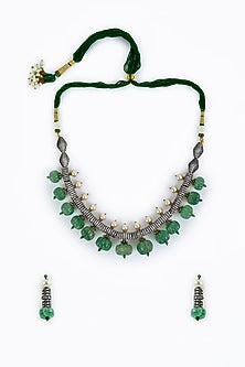 Gold Finish Zircon & Green Sapphire Synthetic Stone Necklace Set