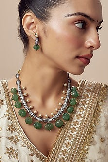 Gold Finish Zircon & Green Sapphire Synthetic Stone Necklace Set