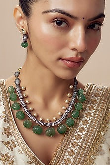 Gold Finish Zircon & Green Sapphire Synthetic Stone Necklace Set