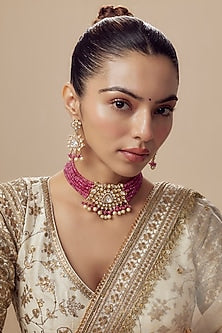 Gold Finish Kundan Polki & Red Stone Choker Necklace Set