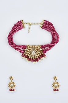 Gold Finish Kundan Polki & Red Stone Choker Necklace Set