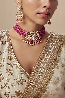 Gold Finish Kundan Polki & Red Stone Choker Necklace Set