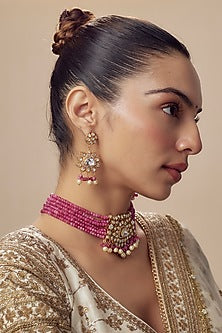 Gold Finish Kundan Polki & Red Stone Choker Necklace Set