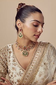 Gold Finish Kundan Polki & Multi-Colored Stone Choker Necklace Set