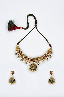 Gold Finish Kundan Polki & Multi-Colored Stone Choker Necklace Set
