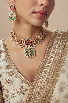 Gold Finish Kundan Polki & Multi-Colored Stone Choker Necklace Set