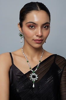 White Finish Zircon & Emerald Synthetic Stone Long Necklace Set