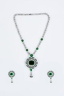 White Finish Zircon & Emerald Synthetic Stone Long Necklace Set