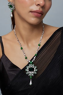 White Finish Zircon & Emerald Synthetic Stone Long Necklace Set