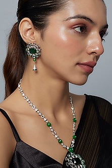 White Finish Zircon & Emerald Synthetic Stone Long Necklace Set