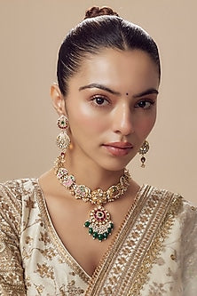 Gold Finish Kundan Polki & Red Stone Choker Necklace Set