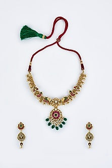 Gold Finish Kundan Polki & Red Stone Choker Necklace Set