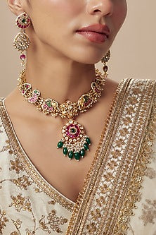 Gold Finish Kundan Polki & Red Stone Choker Necklace Set