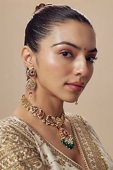 Gold Finish Kundan Polki & Red Stone Choker Necklace Set
