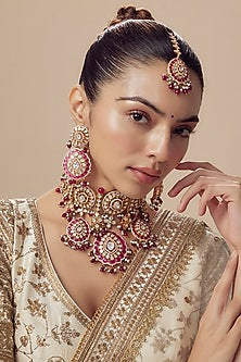 Gold Finish Kundan Polki & Multi-Colored Beaded Choker Necklace Set