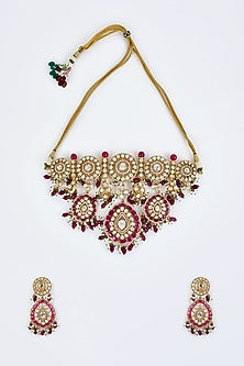 Gold Finish Kundan Polki & Multi-Colored Beaded Choker Necklace Set