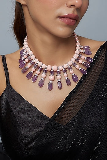 White Finish Pearl & Purple Diamond Necklace