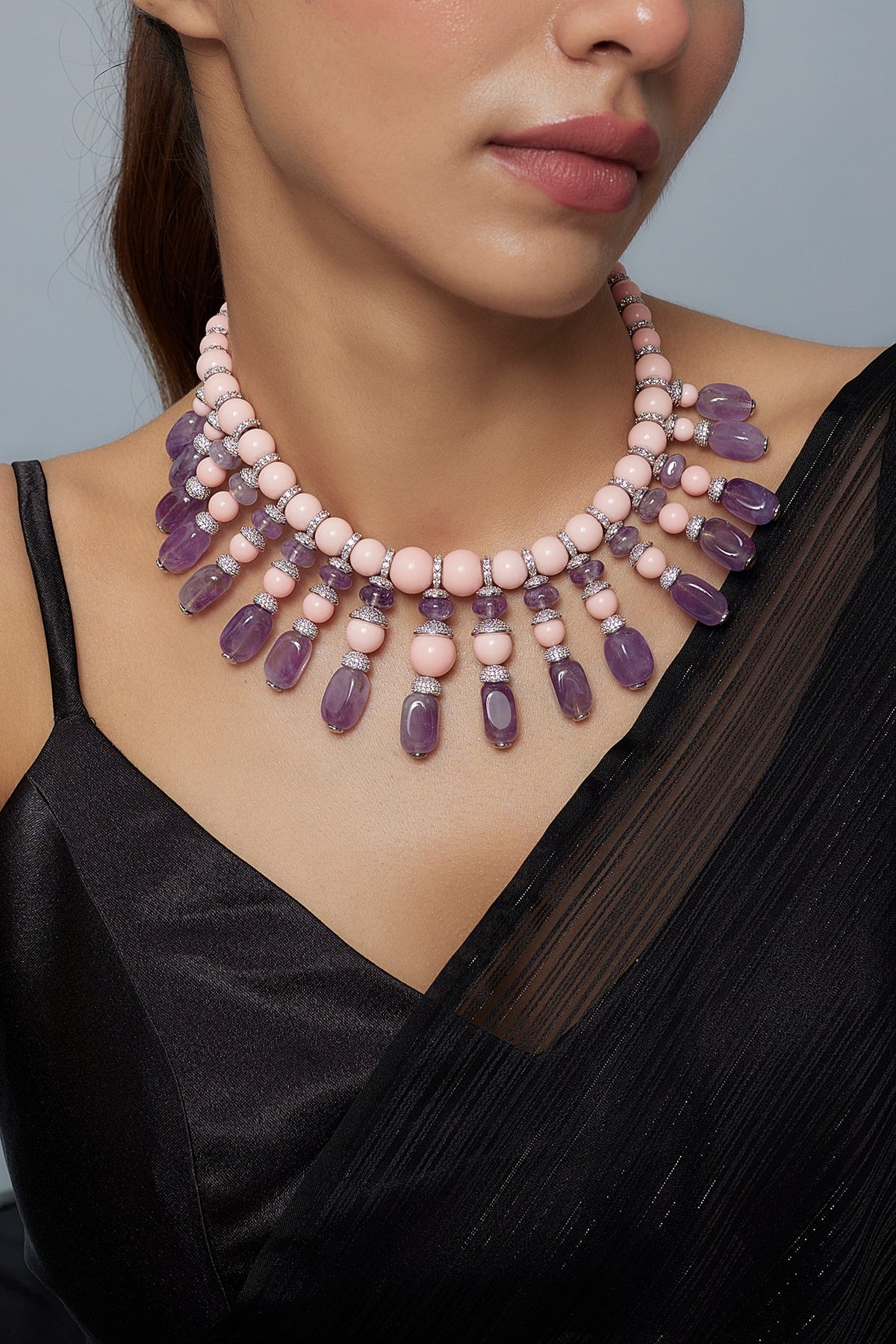 White Finish Pearl & Purple Diamond Necklace
