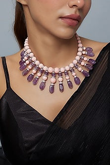 White Finish Pearl & Purple Diamond Necklace