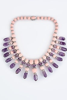 White Finish Pearl & Purple Diamond Necklace