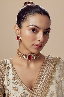 Gold Finish Kundan Polki & Red Stone Choker Necklace Set