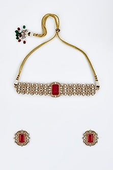 Gold Finish Kundan Polki & Red Stone Choker Necklace Set