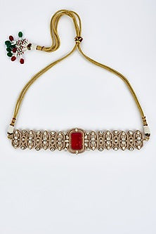 Gold Finish Kundan Polki & Red Stone Choker Necklace Set