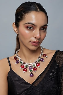 White Finish Zircon & Multi-Colored Synthetic Stone Necklace