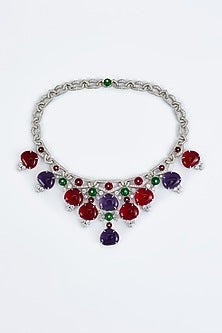 White Finish Zircon & Multi-Colored Synthetic Stone Necklace
