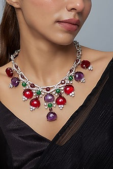 White Finish Zircon & Multi-Colored Synthetic Stone Necklace