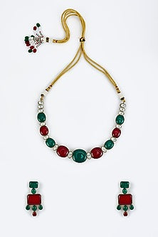 White Finish Zircon & Multi-Colored Synthetic Stone Choker Necklace Set
