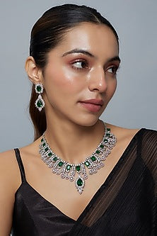 White Finish Zircon & Green Stone Necklace Set