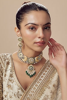 Gold Finish Kundan Polki & Multi-Colored Stone Necklace Set