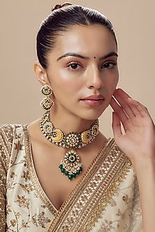 Gold Finish Kundan Polki & Multi-Colored Stone Necklace Set