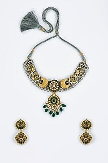 Gold Finish Kundan Polki & Multi-Colored Stone Necklace Set