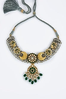 Gold Finish Kundan Polki & Multi-Colored Stone Necklace Set