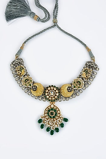 Gold Finish Kundan Polki & Multi-Colored Stone Necklace Set
