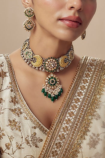 Gold Finish Kundan Polki & Multi-Colored Stone Necklace Set
