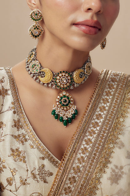 Gold Finish Kundan Polki & Multi-Colored Stone Necklace Set